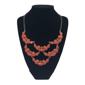 Vintage Orange Tiered Layered Statement Necklace with Gold Bronze Tone Chain